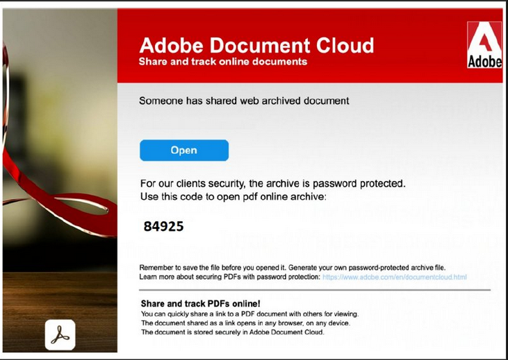 Eine Datei, die vorgibt Teil der Adobe Document Cloud zu sein verleitet zum Herunterladen einer passwortverschlüsselten Datei